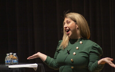 Pamela Schuller speaks at the JCC in Squirrel Hill on April 15 (Photo by Abigail Hakas)