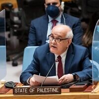 PLO envoy to the U.N. Riyad Mansour addresses the Security Council meeting on the situation in the Middle East, April 25, 2022. (Credit: Mark Garten/U.N. Photo)