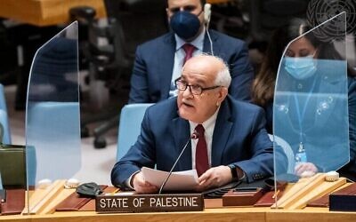 PLO envoy to the U.N. Riyad Mansour addresses the Security Council meeting on the situation in the Middle East, April 25, 2022. (Credit: Mark Garten/U.N. Photo)