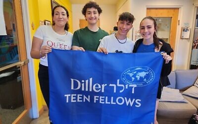 Diller Teen Fellows Carmel Bash, Gabe Seldin, Shahar Ben Shimon and Moriah Neiss gather during the Jewish Community Mifgash. (Photo by Adam Reinherz)
