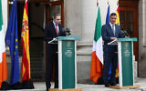 Spanish President Pedro Sanchez (R) and the prime minister of Ireland, Simon Harris together speak after an April meeting in Dublin in which they expressed their willingness to endorse a Palestinian state. (Moncloa via Getty Images)