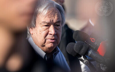 U.N. Secretary-General António Guterres briefs the press at the Rafah border crossing into Gaza. The secretary-general reiterated his calls for a humanitarian ceasefire and the cessation of violence, notably in Gaza on March 23, 2024. (Mark Garten/U.N. photo)