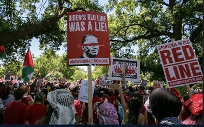 Thousands of pro-Palestinian demonstrators wearing red clothes surrounded the White House with a long red banner symbolizing President Biden's 'red line' regarding an Israeli invasion of Rafah. (Probal Rashid/LightRocket via Getty Images)