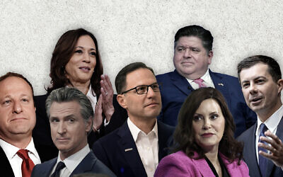Possible contenders to replace Joe Biden on the Democratic ticket include, clockwise from top, Vice President Kamala Harris, Illinois Gov. J.B. Pritzker, Transportation Secretary Pete Buttigieg, Michigan Gov. Gretchen Whitmer, Pennsylvania Gov. Josh Shapiro and California Gov. Gavin Newsom. Colorado Gov. Jared Polis is at far left. (Collage by Grace Yagel/Getty Images)