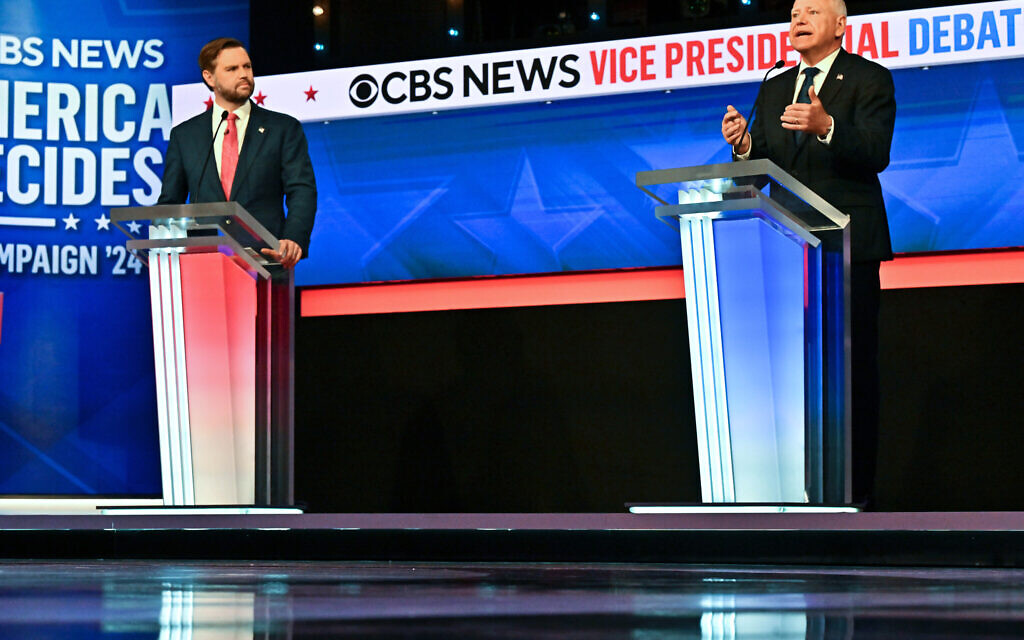Republican Sen. JD Vance of Ohio and Minnesota Gov. Tim Walz of Minnesota take part in the vice-presidential debate at CBS Studios, New York City, Oct. 1, 2024. (Ricky Carioti/The Washington Post via Getty Images)