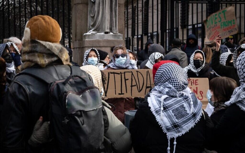 Anti-Israel activists protest outside Columbia University, January 21, 2025. (Luke Tress/Times of Israel) Anti-Israel activists protest outside Columbia University, January 21, 2025. (Luke Tress/Times of Israel)