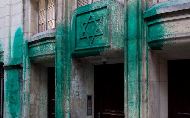 A photo shows green paint thrown on the walls of the Agoudas Hakehilos synagogue in Paris on May 31, 2025. The Shoah Memorial, two synagogues, and a restaurant in central Paris were sprayed with green paint overnight on May 30, 2025, according to police sources. (Photo by Magali Cohen / Hans Lucas / Hans Lucas via AFP via Getty Images) A photo shows green paint thrown on the walls of the Agoudas Hakehilos synagogue in Paris on May 31, 2025. The Shoah Memorial, two synagogues, and a restaurant in central Paris were sprayed with green paint overnight on May 30, 2025, according to police sources. (Photo by Magali Cohen / Hans Lucas / Hans Lucas via AFP via Getty Images)