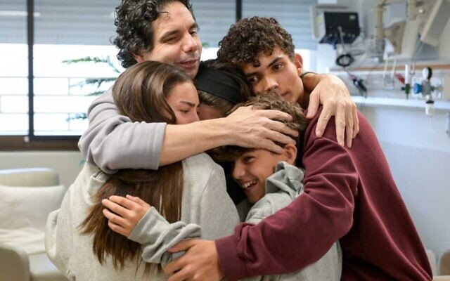 Ofer Kalderon reunites with his children Rotem, Gaya, Erez and Sahar on Feb. 1, 2025. Erez and Sahar, who were also abducted on Oct. 7, 2023, were released in November 2023. (Photo by Maayan Toaf/GPO) Ofer Kalderon reunites with his children Rotem, Gaya, Erez and Sahar on Feb. 1, 2025. Erez and Sahar, who were also abducted on Oct. 7, 2023, were released in November 2023. (Photo by Maayan Toaf/GPO)