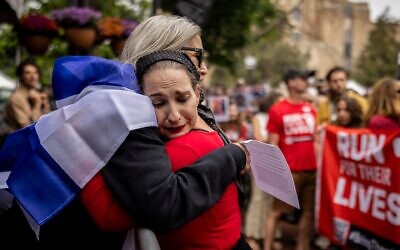 Rachel Amaru, an organizer for Run for Their Lives in Boulder, embraces Rachel Cohen, who was at the June 1 attack, on June 8, 2025, in Boulder, Colorado. (Chet Strange/Getty Images)