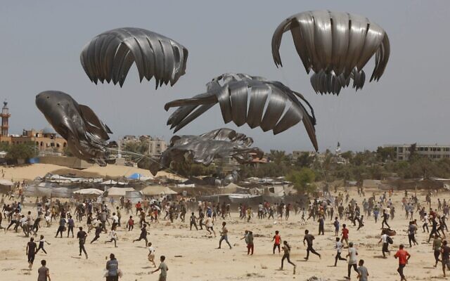 Gazans flock to the area where humanitarian aid is dropped from the air in Deir al Balah on Aug. 19, 2025. (Mohammed Nassar/Anadolu via Getty Images) Gazans flock to the area where humanitarian aid is dropped from the air in Deir al Balah on Aug. 19, 2025. (Mohammed Nassar/Anadolu via Getty Images)