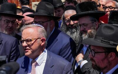 Australian Prime Minister Anthony Albanese speaks to the media after he visited the damaged Adass Israel Synagogue  in Melbourne, Australia, Dec. 10, 2024. An arson attack on the Adass Israel Synagogue in Melbourne forced congregants to flee as flames engulfed the building. Albanese condemned the incident as an antisemitic act, emphasizing that such violence at a place of worship is unacceptable in Australia and labelling the event an act of terrorism. (Asanka Ratnayake/Getty Images)