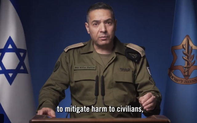 IDF Spokesperson BG Effie Defrin’s statement on the strike in the area of Nasser Hospital in Khan Younis (Screenshot from IDF on X)