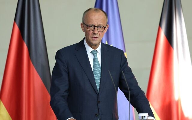 German Chancellor Friedrich Merz speaks to the media following a meeting of the federal security cabinet over the situation in Gaza on July 28, 2025 in Berlin, Germany. (Sean Gallup/Getty Images) German Chancellor Friedrich Merz speaks to the media following a meeting of the federal security cabinet over the situation in Gaza on July 28, 2025 in Berlin, Germany. (Sean Gallup/Getty Images)