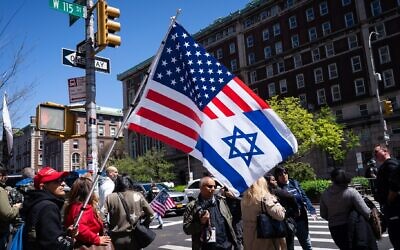 A pro-Israel protester outside Columbia University in Manhattan, April 22, 2024. (Luke Tress)