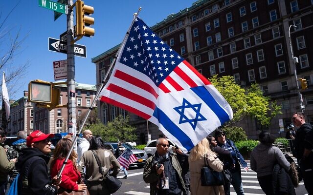 A pro-Israel protester outside Columbia University in Manhattan, April 22, 2024. (Luke Tress)