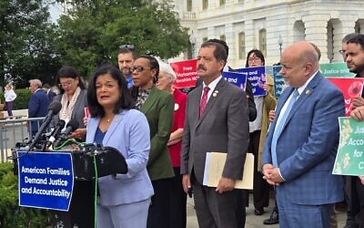 Pramila Jayapal (D-Wash.) speaks outside the U.S. Capitol, Sept. 16, 2025. (Photo by Jonathan D. Salant)
