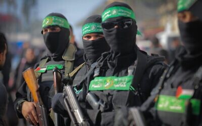 Hamas terrorists at the funeral of Hamas council member Ghazi Abu Tamaa, in Al-Hajj Musa Mosque in Khan Yunis in Gaza, Feb. 4, 2025. (Photo by Ali Hassan/Flash90, via JNS)
