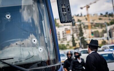 The scene of a terrorist shooting attack at the Ramot Junction near the entrance to Jerusalem, Sept. 8, 2025. (Photo by Chaim Goldberg/Flash90, via JNS)