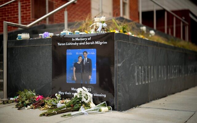 A photograph of Sarah Lynn Milgrim and Yaron Lischinsky is displayed outside the Lillian and Albert Small Capital Jewish Museum on May 29, 2025 in Washington, D.C. (Photo by Chip Somodevilla/Getty Images, via JNS) A photograph of Sarah Lynn Milgrim and Yaron Lischinsky is displayed outside the Lillian and Albert Small Capital Jewish Museum on May 29, 2025 in Washington, D.C. (Photo by Chip Somodevilla/Getty Images, via JNS)