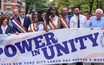 Sen. Bernie Sanders (I-VT), Gov. Kathy Hochul (D-NY), Letitia James, Attorney General of New York and New York City Democratic Mayoral Candidate Zohran Mamdani attend the New York City Labor Day parade, Sept. 6, 2025, in New York City. (Selcuk Acar/Anadolu via Getty Images)