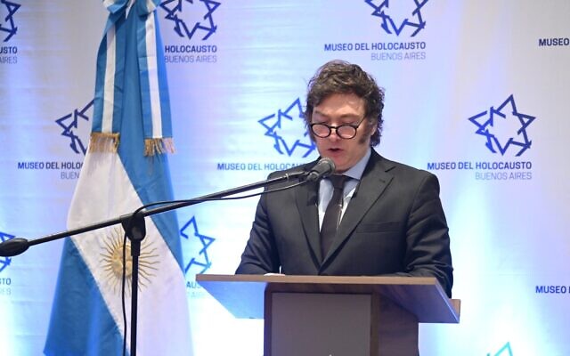 Argentinian President Javier Milei speaks at an event marking International Holocaust Remembrance Day at the Holocaust museum in Buenos Aires, Jan. 26, 2024. (Juan Melamed) Argentinian President Javier Milei speaks at an event marking International Holocaust Remembrance Day at the Holocaust museum in Buenos Aires, Jan. 26, 2024. (Juan Melamed)