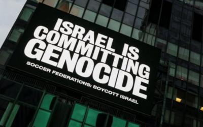 A digital billboard accusing Israel of genocide is displayed in Times Square in New York City on Sept. 16, 2025. (Source: Game Over Israel campaign/Instagram, via JNS)