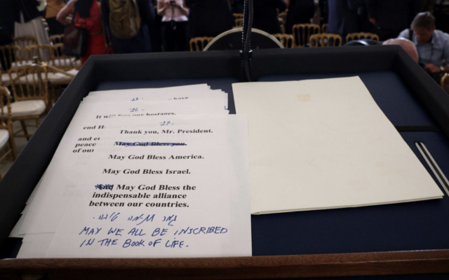 Israeli Prime Minister Benjamin Netanyahu's speech is seen on a podium following a joint press conference between him and U.S. President Donald Trump at the White House, Sept. 29, 2025. (Win McNamee/Getty Images)