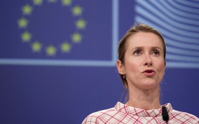 EU foreign policy chief Kaja Kallas talks to the media on September 17 in Brussels about a proposal to impose sanctions on Israel as a response to the Gaza conflict. (Thierry Monasse/Getty Images)
