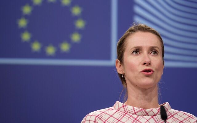 EU foreign policy chief Kaja Kallas talks to the media on September 17 in Brussels about a proposal to impose sanctions on Israel as a response to the Gaza conflict. (Thierry Monasse/Getty Images)