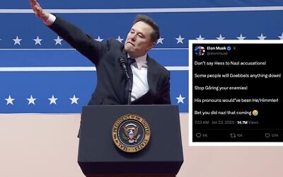 Elon Musk delivers a salute at a Trump immigration rally. Inset: Musk's Holocaust joke post. (Screenshot)
