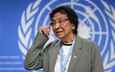 South African judge Navi Pillay, former chair of the independent United Nations Commission of Inquiry on the Occupied Palestinian Territory, including East Jerusalem, and Israel arrives to a press conference in Geneva, on June 18, 2025. (Fabrice COFFRINI / AFP) South African judge Navi Pillay, former chair of the independent United Nations Commission of Inquiry on the Occupied Palestinian Territory, including East Jerusalem, and Israel arrives to a press conference in Geneva, on June 18, 2025. (Fabrice COFFRINI / AFP)