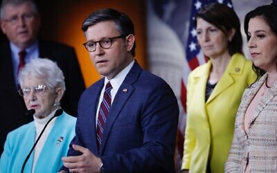 Speaker of the House Mike Johnson (a Louisiana Republican (center) leads a news conference with Republican committee chairs, including, left to right, House Science Committee Chair Frank Lucas of Oklahoma, House Committee on Education and the Workforce Virginia Foxx of North Carolina, House Energy and Commerce Committee Chair Cathy McMorris Rogers of Washington and Republican Conference Chair Elise Stefanik of New York, to decry pro-Palestinian protests at universities across the country at the U.S. Capitol Visitors Center, April 30, 2024. (Chip Somodevilla/Getty Images)