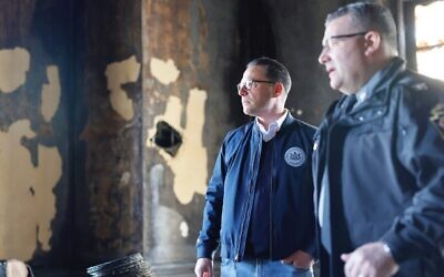 Pennsylvania Gov. Josh Shapiro surveys the damage after an arson attack at the governor's mansion in Harrisburg, Pa., on April 13, 2025. (Credit: Commonwealth Media Services/Commonwealth of Pennsylvania)