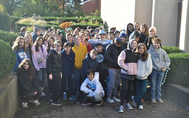 Students from Community Day School and  Joseph and Florence Mandel Jewish Day School gather outside the Tree of Life building for a joint commemoration on Oct. 27, 2025. (Photo by Adam Reinherz)