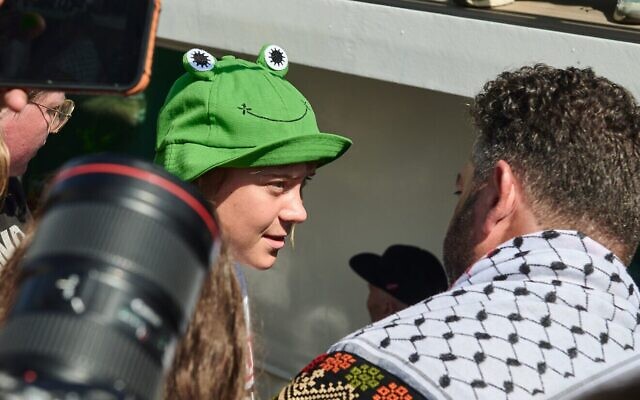 Greta Thunberg boards a boat on Aug. 31, 2025 in Barcelona, Spain. Activists, including Thunberg, departed Barcelona for Gaza as part of the Global Sumud Flotilla (Photo by Mario Wurzburger/Getty Images, via JNS) Greta Thunberg boards a boat on Aug. 31, 2025 in Barcelona, Spain. Activists, including Thunberg, departed Barcelona for Gaza as part of the Global Sumud Flotilla (Photo by Mario Wurzburger/Getty Images, via JNS)