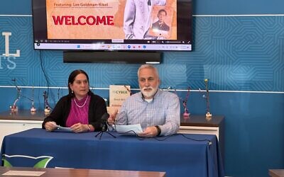 Lee Goldman Kikel, left, answers a question during a Jan. 27 program with Pennsylvania Cyber Charter School. (Photo courtesy of Kirkpatrick Group)