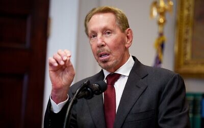 Oracle co-founder Larry Ellison speaks during a news conference with U.S. President Donald Trump in the Roosevelt Room of the White House on January 21, 2025 in Washington, DC. (Photo by Andrew Harnik/Getty Images)