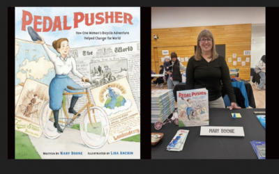 The cover of "Pedal Pusher" by Mary Boone; the author at a book fair. (Courtesy of Mary Boone)