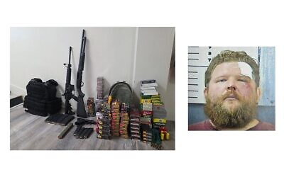 Mugshot for Jeremy Wayne Shoemaker and weapons seized when a search warrant was executed at his residence. (Credit: Courtesy of Clarke County Sheriff’s Office in Grove Hill, Ala.)