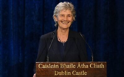 Irish president-elect Catherine Connolly addresses the audience at the official declaration at Dublin Castle on October 25, 2025 in Dublin, Ireland. (Charles McQuillan/Getty Images)
