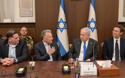 From left, Strategic Affairs Minister Ron Dermer, U.S. envoy Steve Witkoff, Prime Minister Benjamin Netanyahu and U.S. presidential representative Jared Kushner at an Israeli Cabinet meeting in Jerusalem on Oct. 9, 2025. (Credit: GPO)