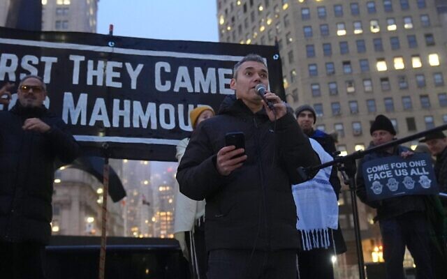 A Jewish-American liberal columnist, journalist, Peter Beinart attends and speaks at the rally as pro-Palestinian Jewish Americans gather at an emergency rally to release Palestinian green card holder and Columbia University graduate Mahmoud Khalil, New York City, March 20, 2025. (Selcuk Acar/Anadolu via Getty Images)