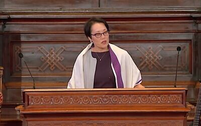 Rabbi Angela Buchdahl delivers a sermon during Friday night services at Central Synagogue in Manhattan, Oct. 31, 2025. (Via YouTube)