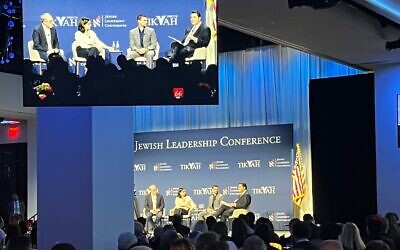 Dan Senor, Bari Weiss and Ben Shapiro speak at the Tivkah Fund's Jewish Leadership Conference in New York City, Nov. 16, 2025. (Joseph Strauss)