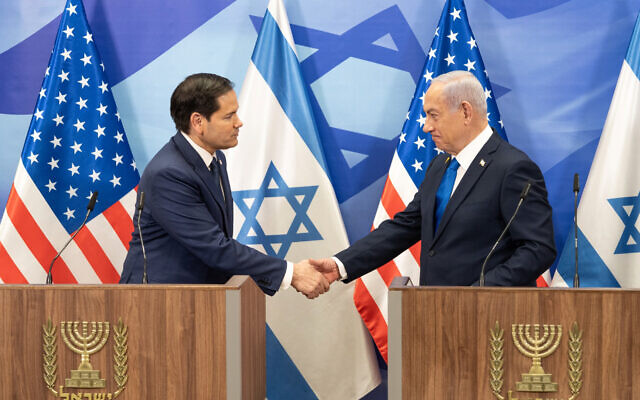 Secretary Marco Rubio and Israeli Prime Minister Benjamin Netanyahu deliver joint statements to the press in Jerusalem, Israel, Feb. 16, 2025. (Official State Department photo by Freddie Everett)