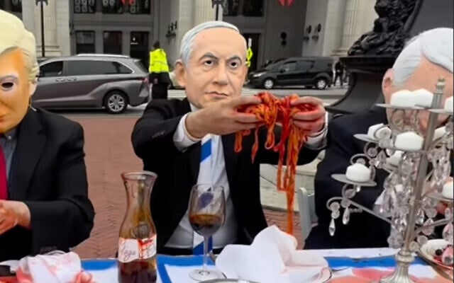 A performer wearing the mask of Prime Minister Benjamin Netanyahu is seen in a video that echoes the antisemitic blood libel at Washington, DC's Union Station on November 20, 2025. (Screen capture/Instagram) A performer wearing the mask of Prime Minister Benjamin Netanyahu is seen in a video that echoes the antisemitic blood libel at Washington, DC's Union Station on November 20, 2025. (Screen capture/Instagram)