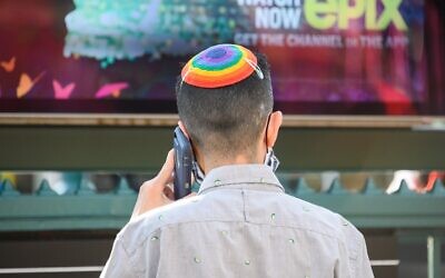 A person wears a pride-themed yarmulke in the West Village in New York City, on June 26, 2020. (Noam Galai/Getty Images)