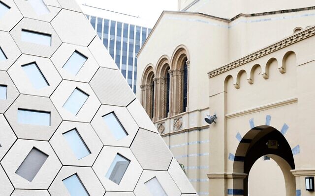 The Audrey Irmas Pavilion, left, an event space for the Wilshire Boulevard Temple, center in background, is photographed on Jan. 7, 2021. (Christina House / Los Angeles Times via Getty Images)