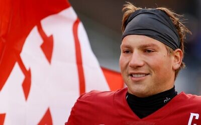 Washington State Cougars quarterback Zevi Eckhaus, who was raised Orthodox, is honored as one of the team's seniors before the game against the Oregon State Beavers, Nov. 29, 2025, at Martin Stadium in Pullman, Washington. (Oliver McKenna/Icon Sportswire via Getty Images)