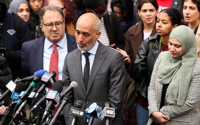 The legal team of Mahmoud Khalil, Ramzi Kassem (center) and Baher Amzy (left) speak to the press outside of the Thurgood Marshall Courthouse, where a hearing is underway regarding Khalil's arrest, in New York City on March 12, 2025. (Photo by Charly Triballeau/AFP via Getty Images)